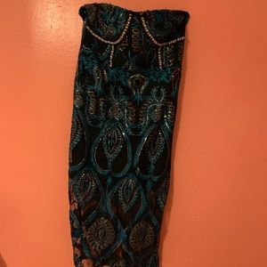 Emerald Sequin Embroidered Bandeau Midi Dress